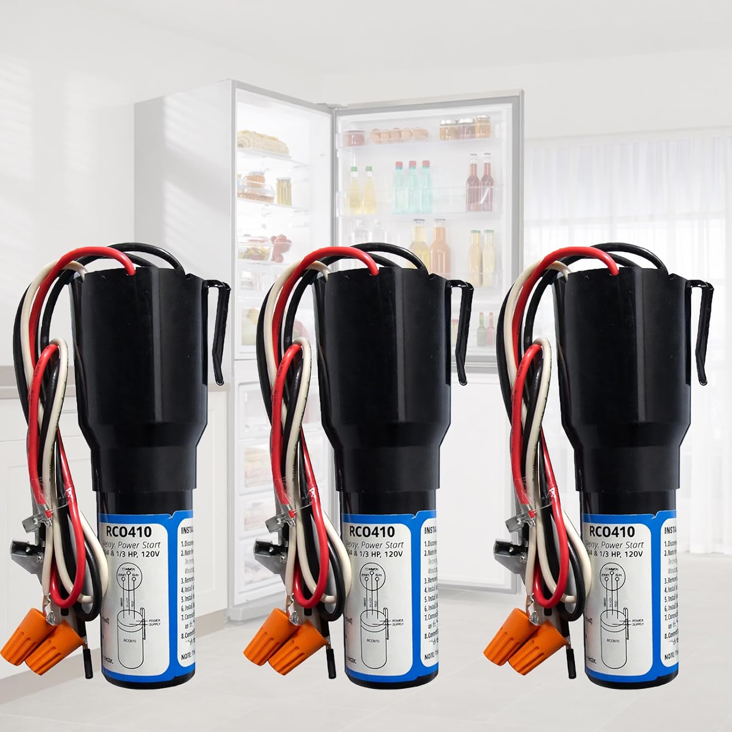 RCO410 3 in 1 Compressor Hard Start Capacitor Kit For Refrigerators & Freezers 1/4-1/3 H.P. 115VAC （3pcs）