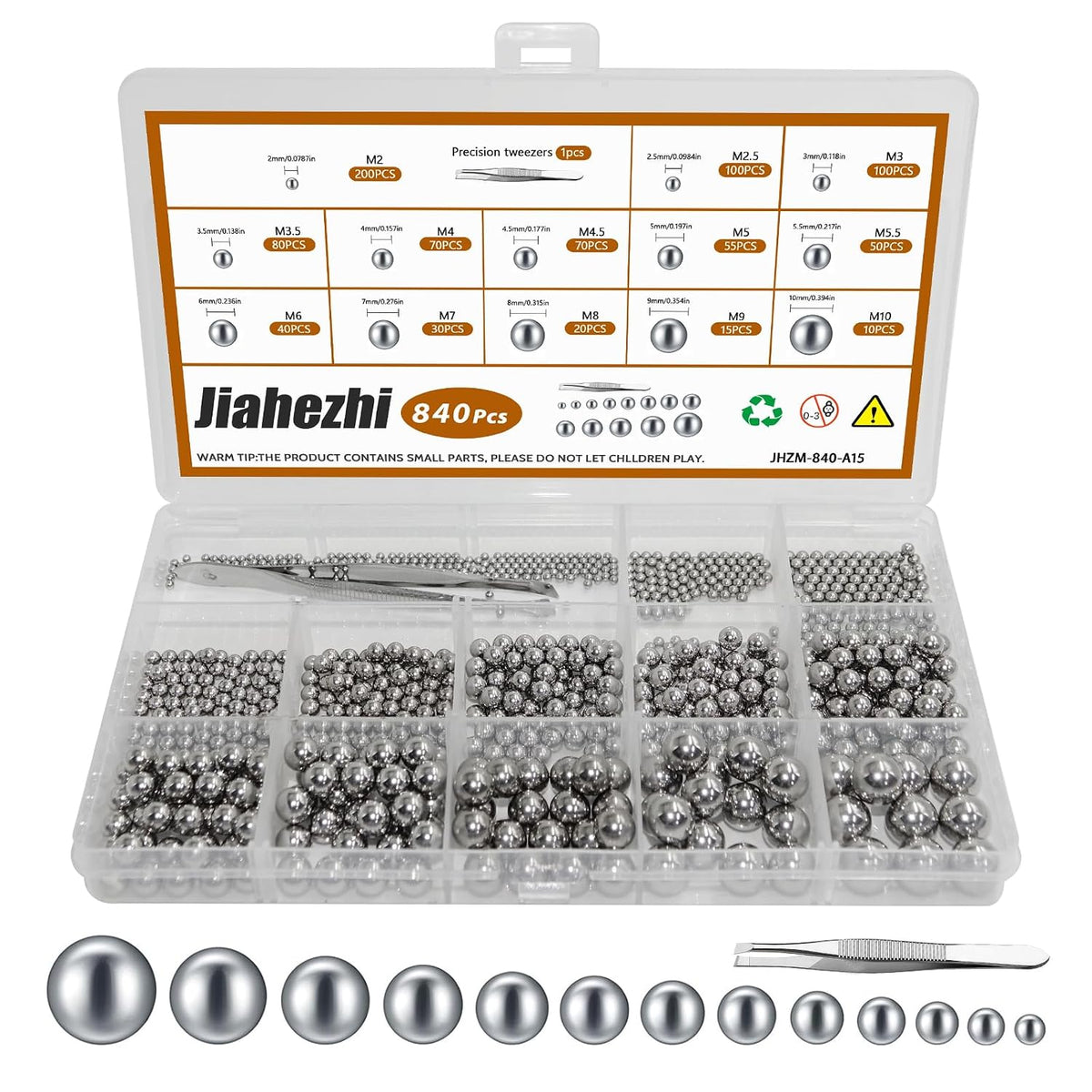 840 Pcs Stainless Steel Bearing Balls, 2/2.5/3/3.5/4/4.5/5/5.5/6/7/8/9/10mm