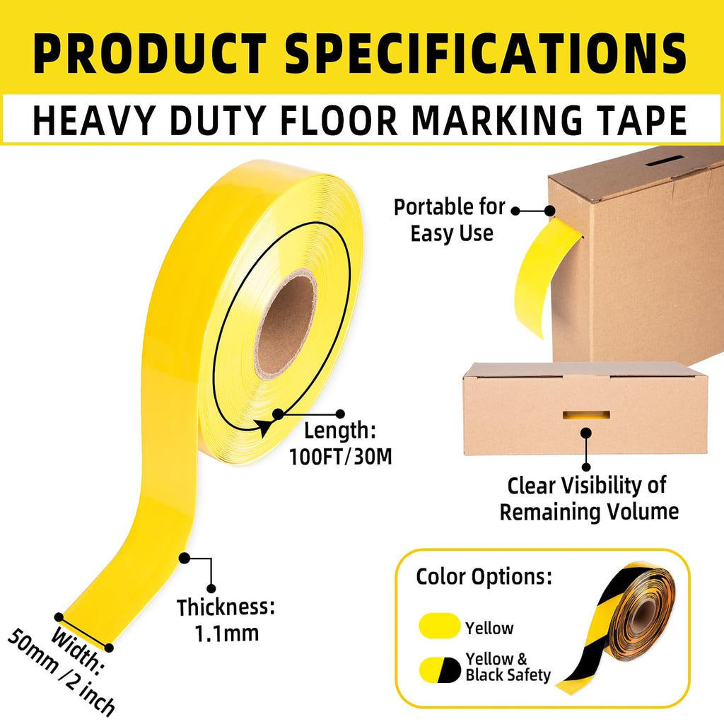 Floor Marking Tape, Non‑Abrasive Yellow Tape with Rolling Spindle Core