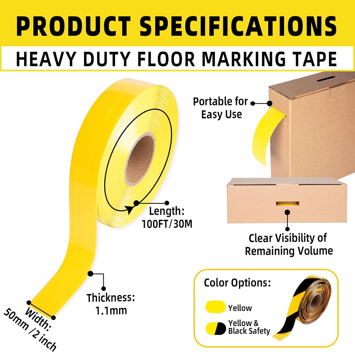 Floor Marking Tape, Non‑Abrasive Yellow Tape with Rolling Spindle Core