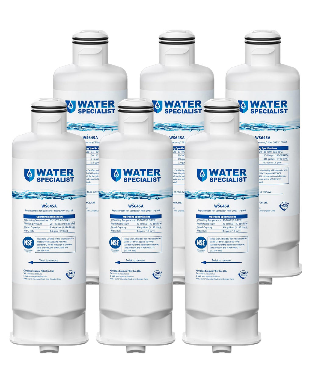 Water Filter, Replacement for Samsung DA97-17376B, 6 Pack