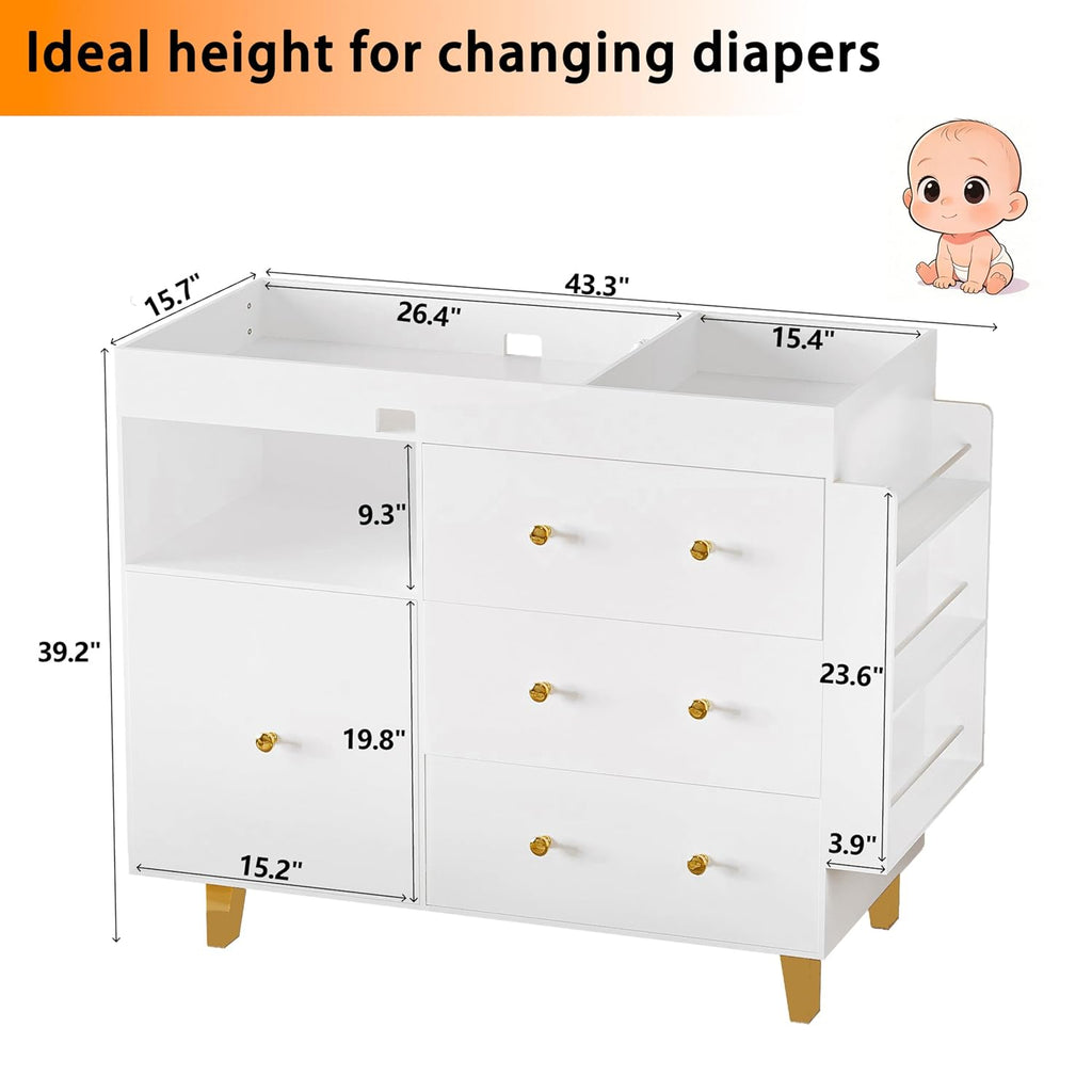 Wooden Baby Changing Table Dresser,Diaper Changing Table with Large Tabletop,4 Drawers, Open Storage Space & Side