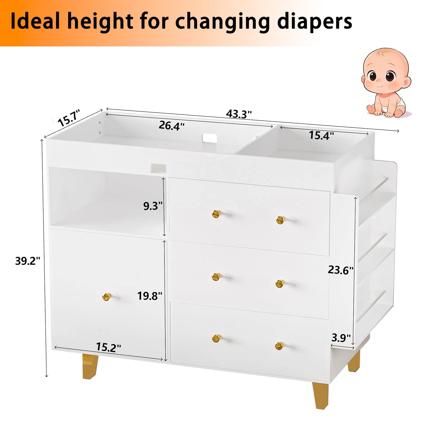 Wooden Baby Changing Table Dresser,Diaper Changing Table with Large Tabletop,4 Drawers, Open Storage Space & Side