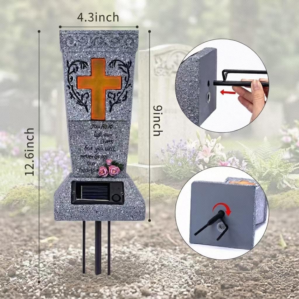 Solar Cemetery Vase for Grave Decor - Waterproof Memorial Flower Holder with LED Cross Light - Sympathy Gifts for