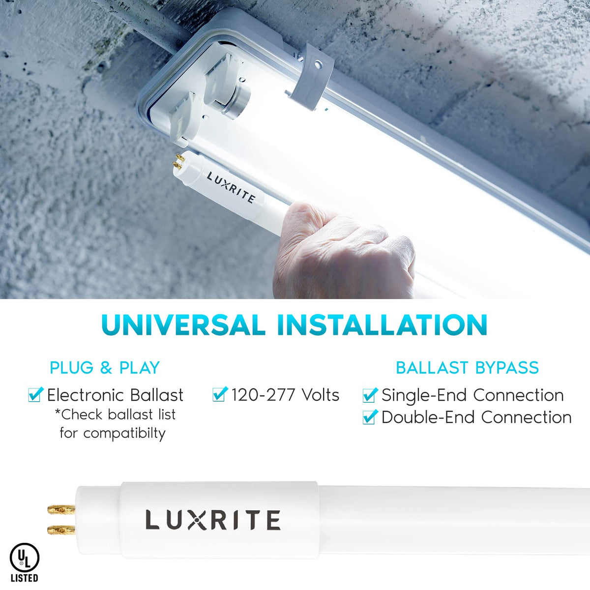 4FT T5 LED Tube Lights, Type A+B, 24W=54W, 3000LM, 5000K (4 Pack)