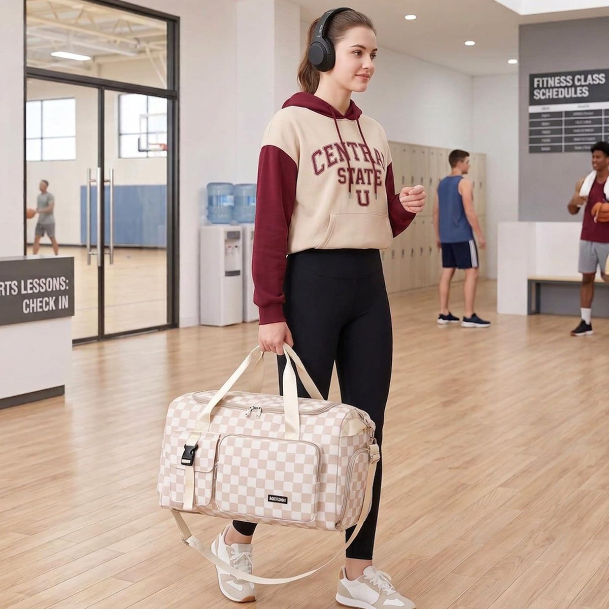 Gym Duffle Backpack 42L Travel Bag with Shoe Pocket, Check Apricot