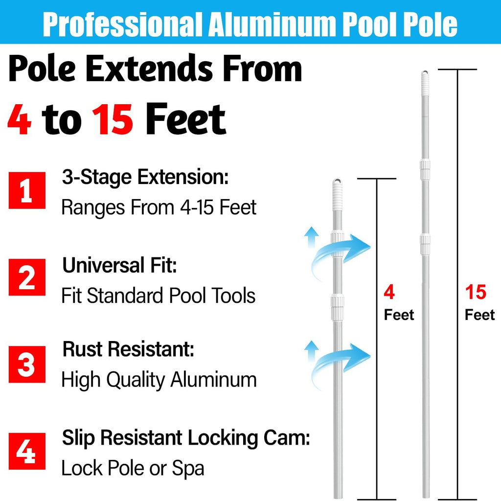 Professional 15 Foot Swimming Pool Pole Telescopic Aluminum Fits Pool Net Skimmer Rake Vacuum Head Brush Cleaning