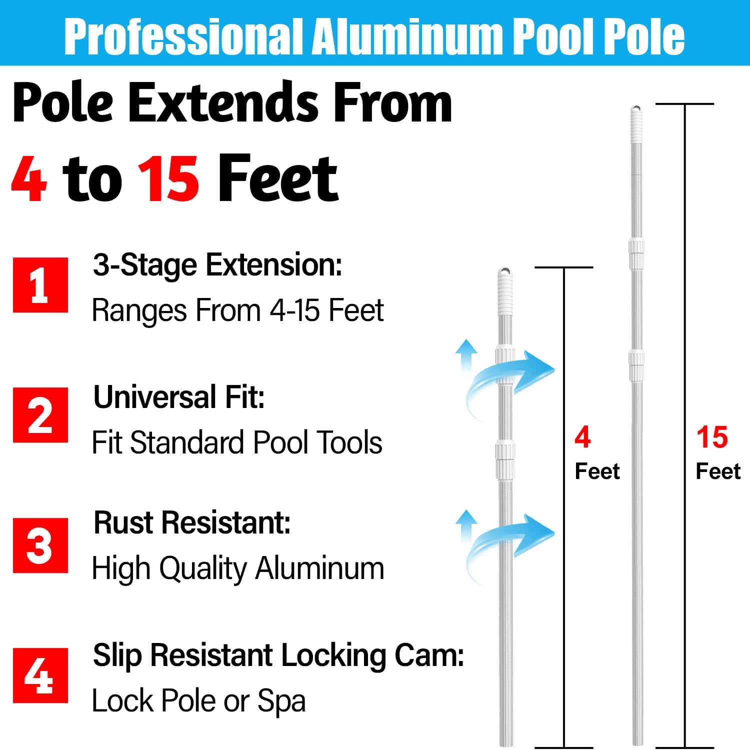 Professional 15 Foot Swimming Pool Pole Telescopic Aluminum Fits Pool Net Skimmer Rake Vacuum Head Brush Cleaning