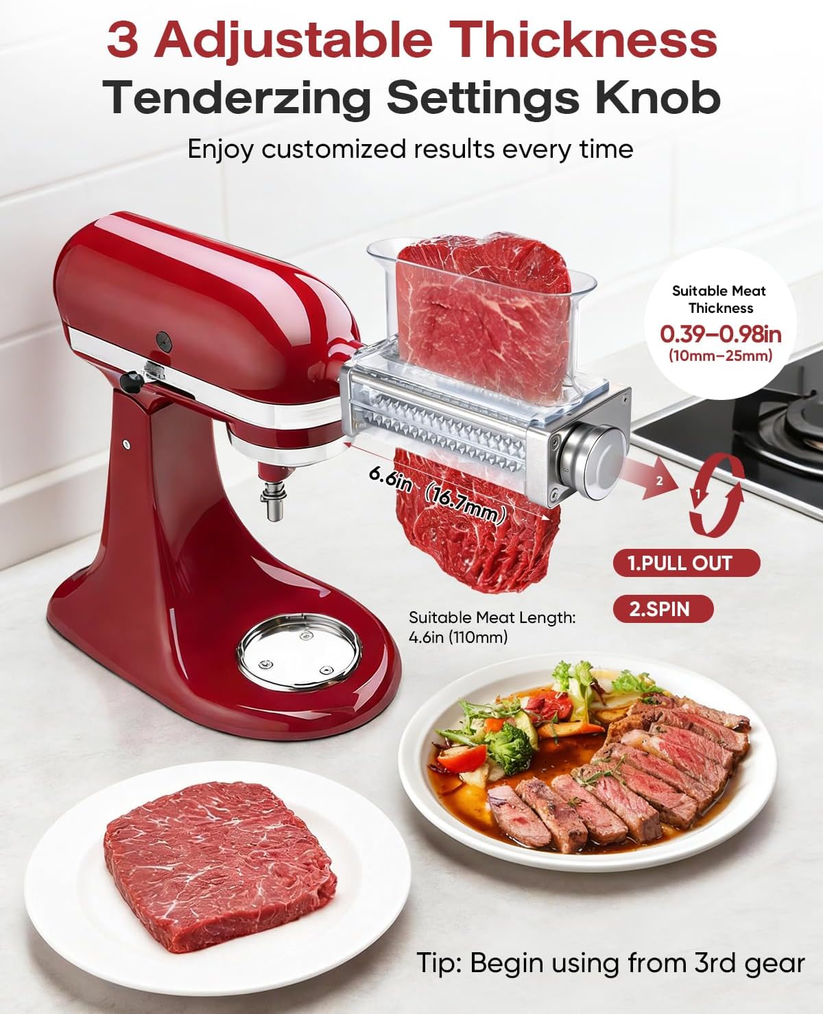 3-Adjust Stainless Steel Meat Tenderizer Attachment for KitchenAid Mixer