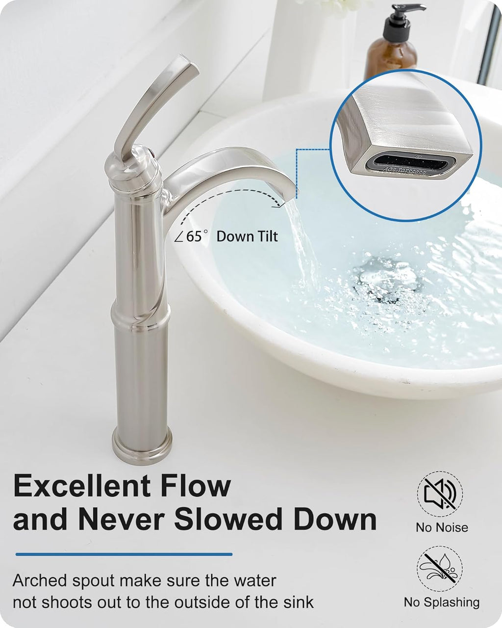 Bathroom Vessel Sink Faucet Brushed Nickel, Brass Tall Waterfall Bathroom Faucet 1 Hole Bathroom Sink Faucet Single