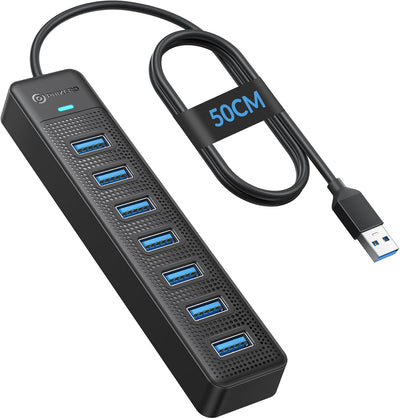 7 Port USB Hub 3.0 with 1.6FT/50CM Long Cable, Multiport Adapter and Splitter for PC, Compatible with All USB