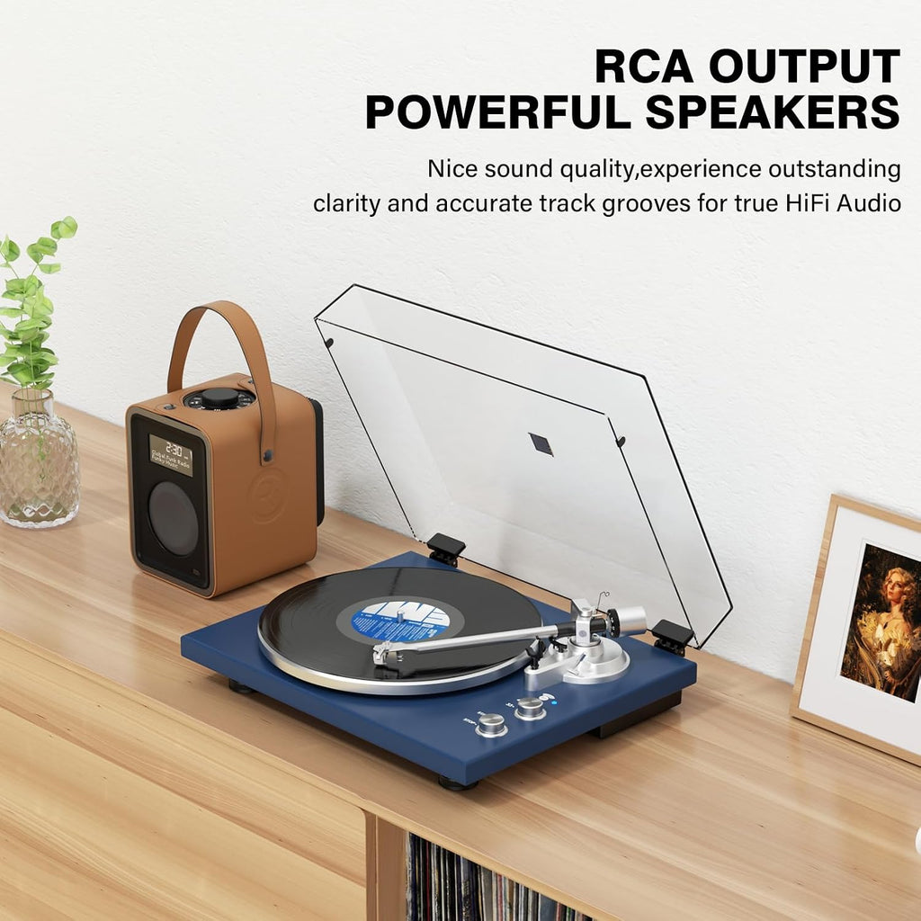 Belt Drive Turntable for Vinyl Record Player and Bluetooth Output(Blue) | Built-in Phono Preamp,USB Digital