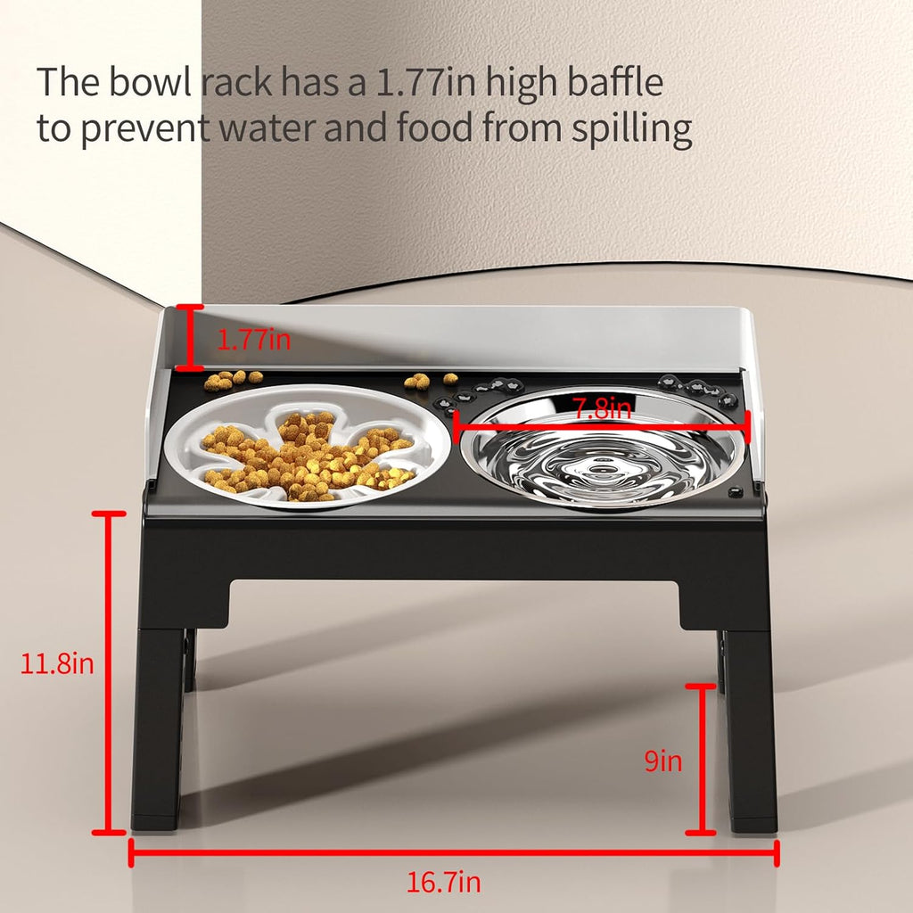 Elevated Dog Bowls, Spill Proof, Tiltable Dog Feeder with 1 Slow Feeder Bowl &1 Stainless Steel Bowl, 6 Height