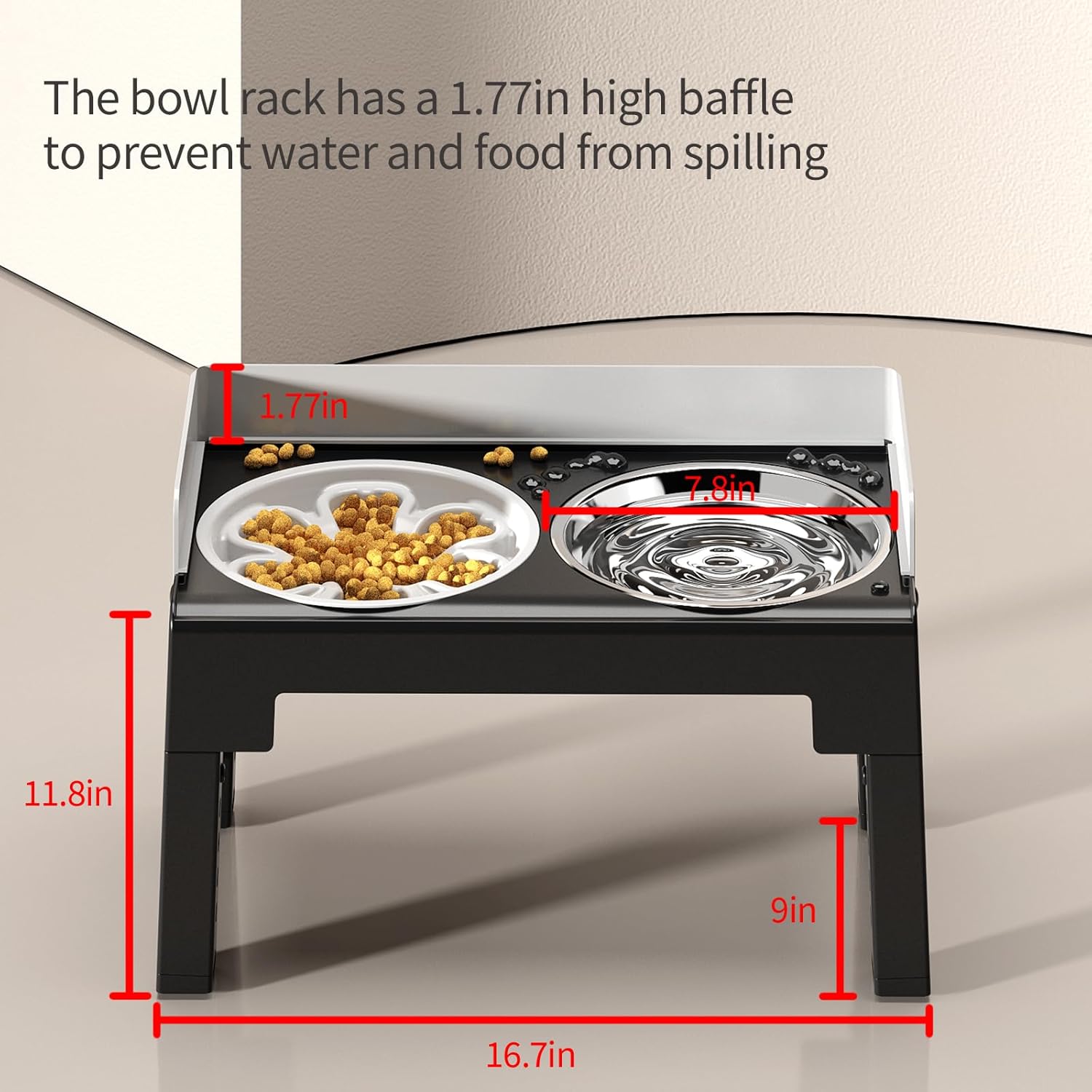 Elevated Dog Bowls, Spill Proof, Tiltable Dog Feeder with 1 Slow Feeder Bowl &1 Stainless Steel Bowl, 6 Height