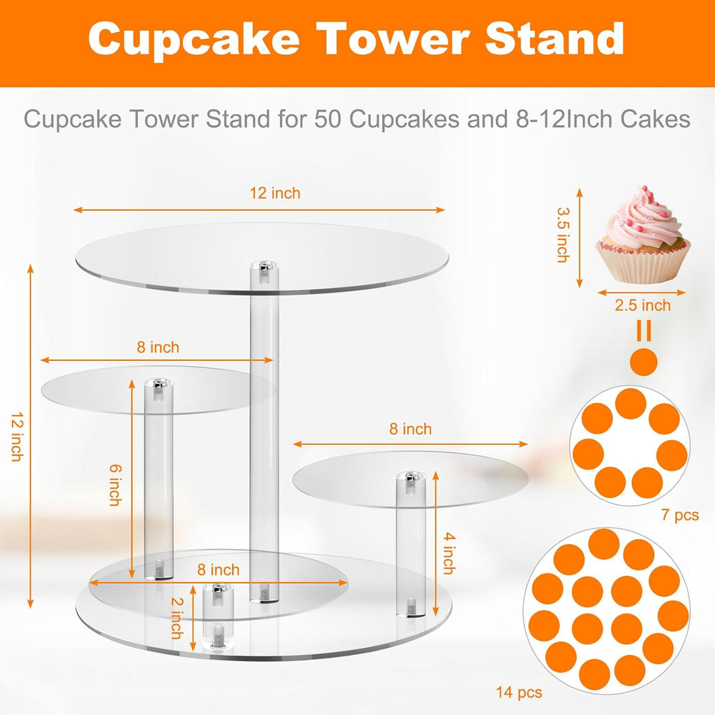 4 Tier Acrylic Round Cake Stand for 8-12 Inch Cakes, Clear Multi-Layer Dessert Display Stand for Wedding, Birthday