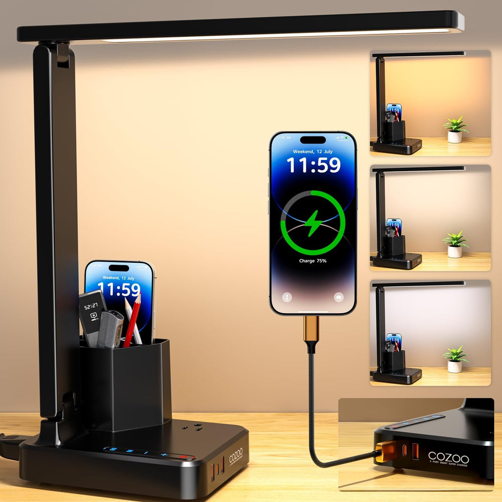 LED Desk Lamp for Dorm Office, USB C, AC Outlet Charging Port, Black | Dorm Room Essentials for Guys, Eye-Caring