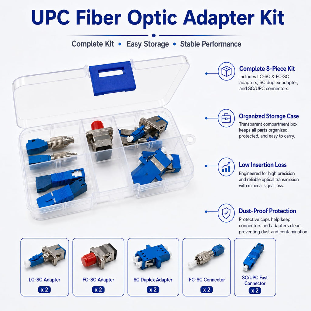 UPC-LC SC FC Fiber Optic Adapter/Coupler Kit 10Pc - Adjustable Storage Box