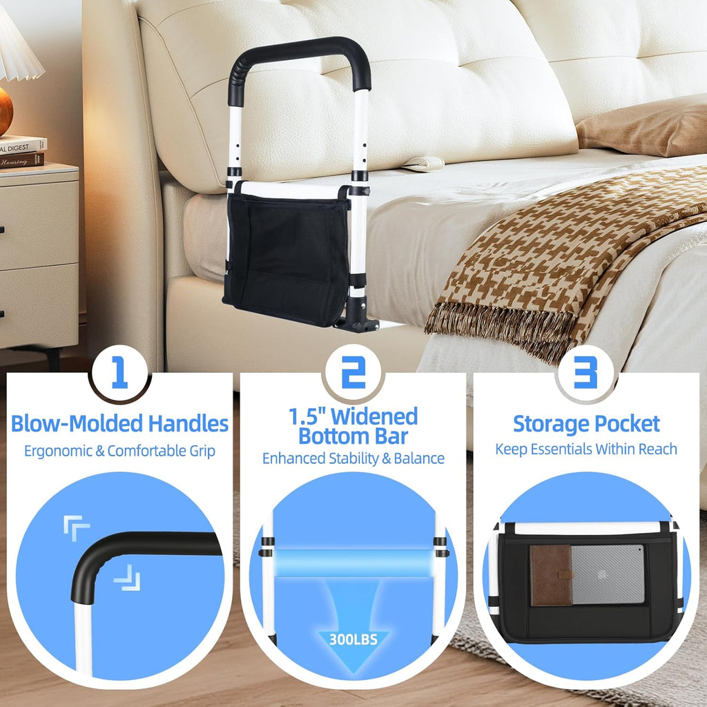 Bed Rail for Elderly Adults Safety, 90° Foldable Bed Assist Bar with Adjustable Height, Flat Base Fits Under