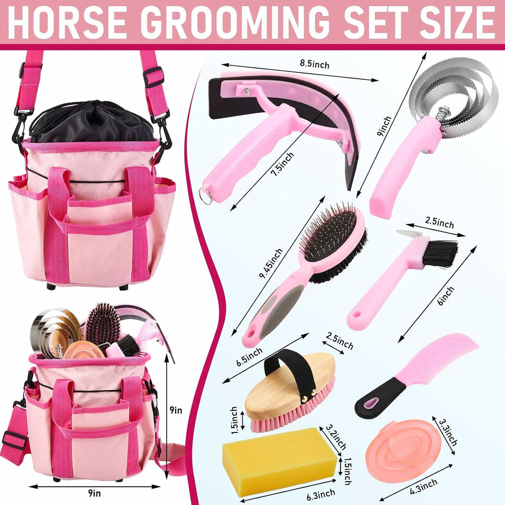 9 Pcs Horse Grooming Kit Tack Room Supplies, Classic, Pink