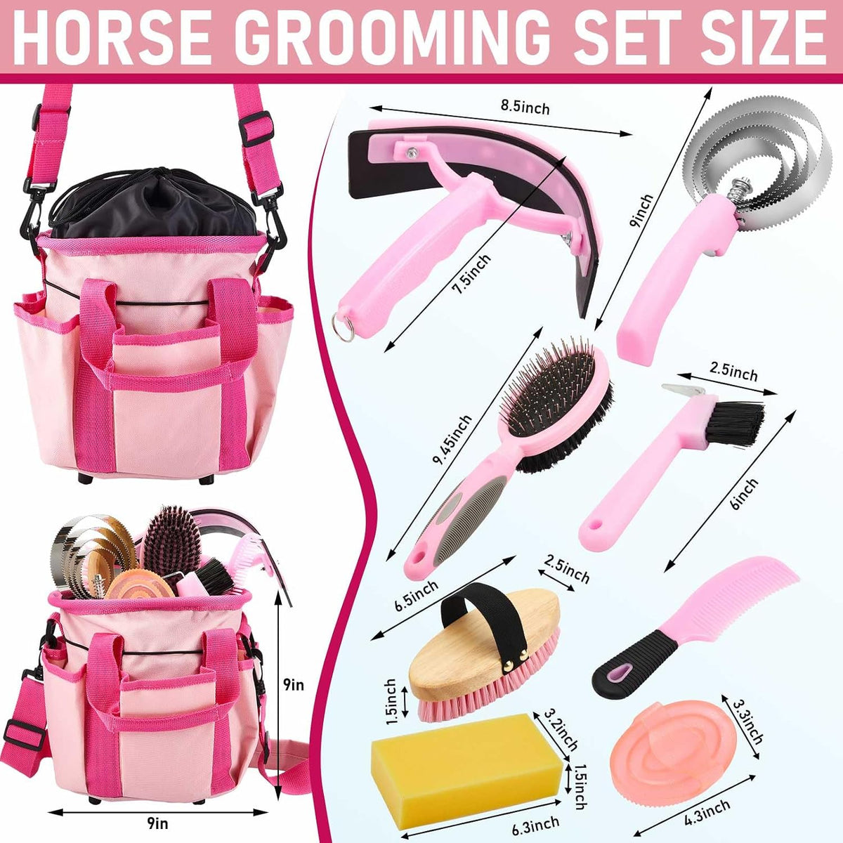 9 Pcs Horse Grooming Kit Tack Room Supplies, Classic, Pink