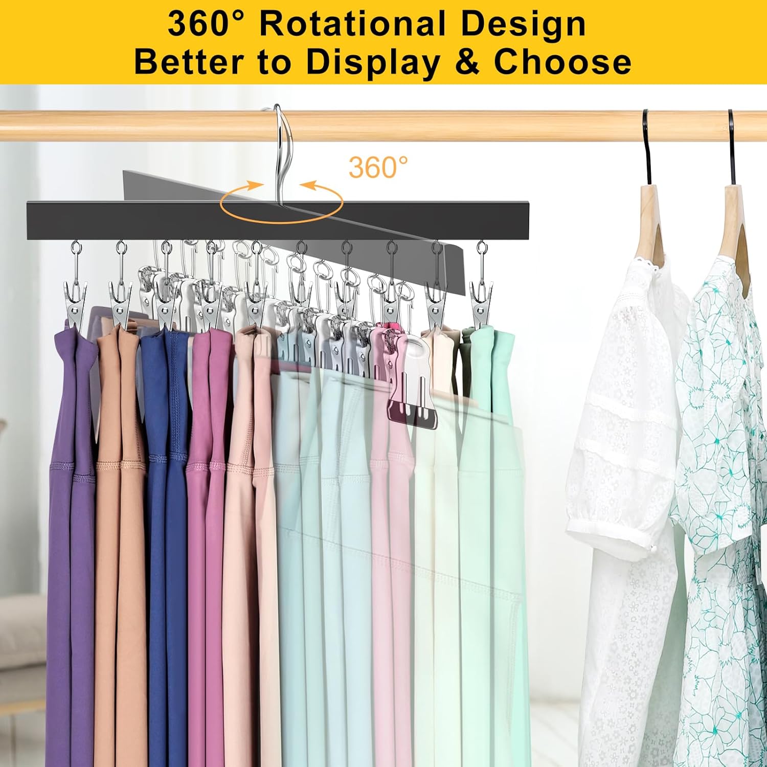 Legging Organizer for Closet, Pants Hangers with Clips Holds 20 Leggings, Jeans, Hats, Shorts, Socks, 360° Rotating