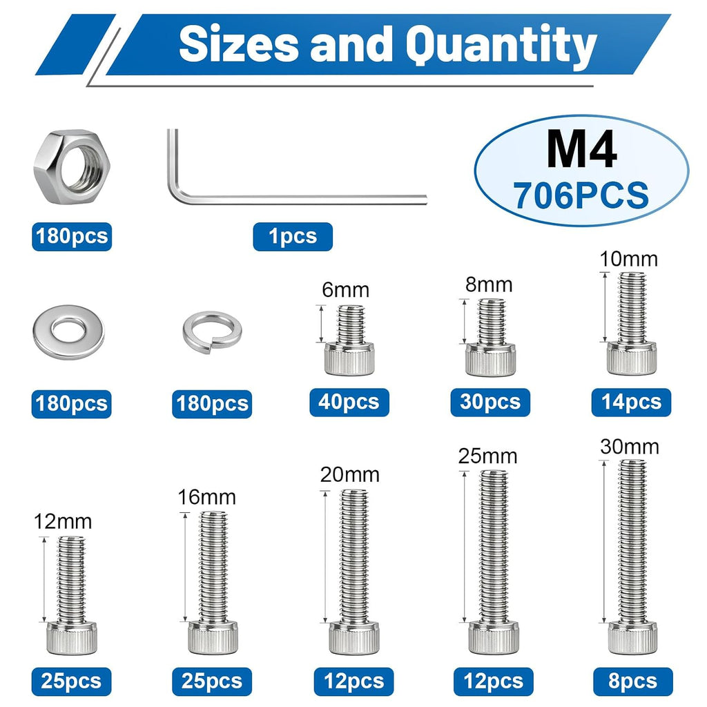 706PCS M4 Socket Screws Nuts Washers Kit, M4x6/8/10/12/16/20/25/30 mm