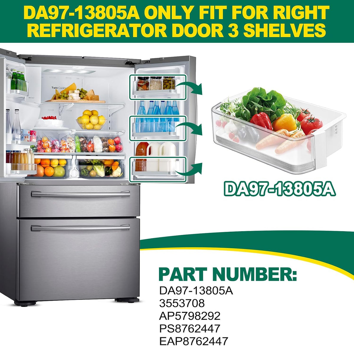 Upgraded DA97-13805A Refrigerator Door Bin Shelf Replacement, Compatible with Samsung Refrigerator Right Door Shelf Parts RF28HMEDBSR RF24FSEDBSR RF28HMEDBBC AP5798292 PS8762447 Right Door Bin Shelves