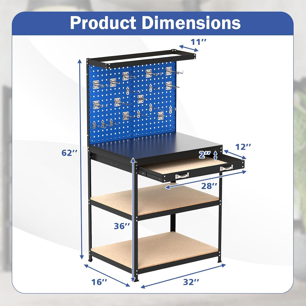 Workbench with Drawer, 32" x 16" Heavy-Duty Work Table with 2 PCS Pegboard & 4 Shelves, 19 Hanging Hooks, 495LBS