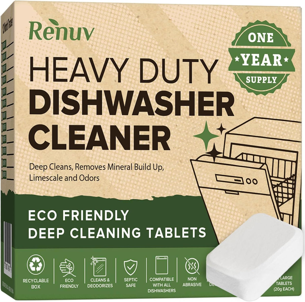 Heavy Duty Dishwasher Cleaner & Deodorizer, Descaler, 12 XL Tablets
