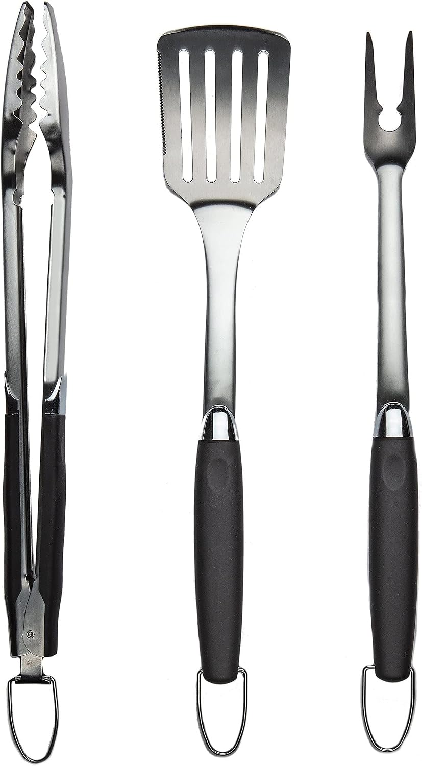 3 Piece Stainless Steel BBQ Grill Tool Set w/Tongs, Spatula & Fork - Accessories for Outdoor Barbecue Grills (3 Piece