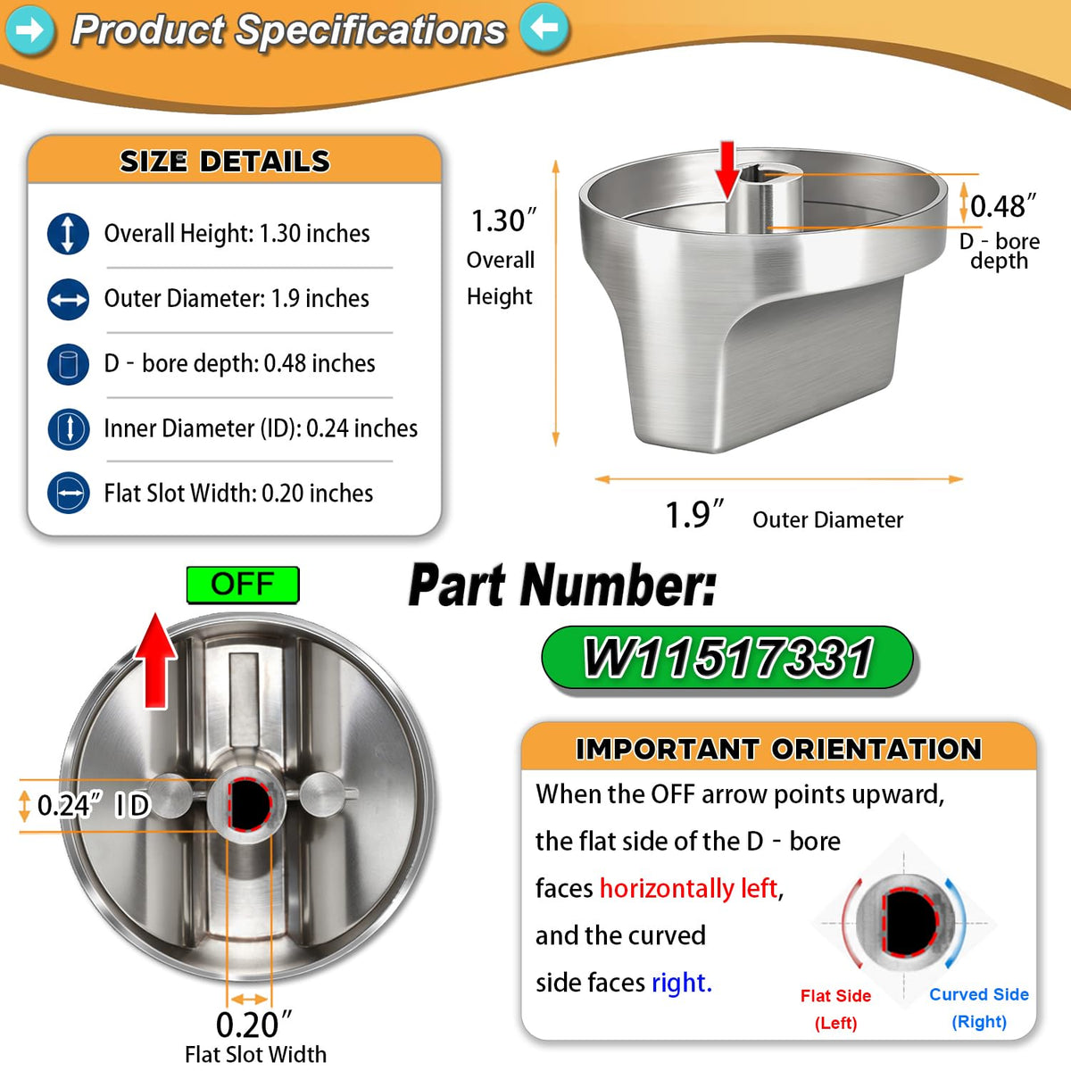 Enhanced W11517331 Stove Metal Knob Fit for Whirlpool Electric Range Oven Knobs Replacements W10850027, W11117415, W11458840. Compatible WFE745H0FH0,WFE745H0FS0,WFE770H0FZ0,YWEE515S0LS0,YWEE745H0FE0