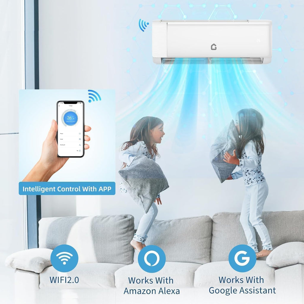 12,000 BTU Mini Split Air Conditioner & Heat Pump, 21 SEER2 Ductless Inverter, Smart WiFi, DIY Install Kit, Quiet