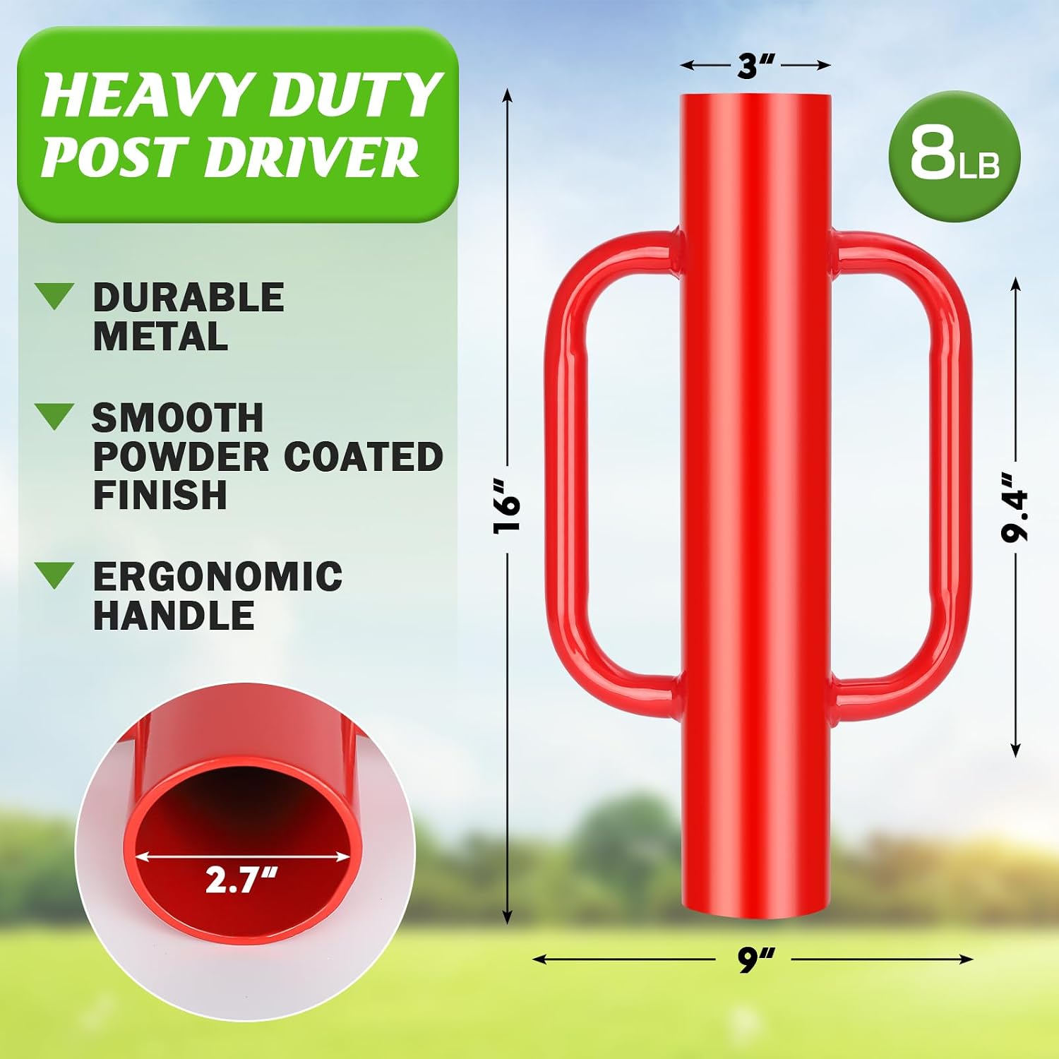8LB Fence Post Driver with Handles Heavy Duty T Post Driver Post Pounder for T-Posts, U Channel, Metal Post and Sign
