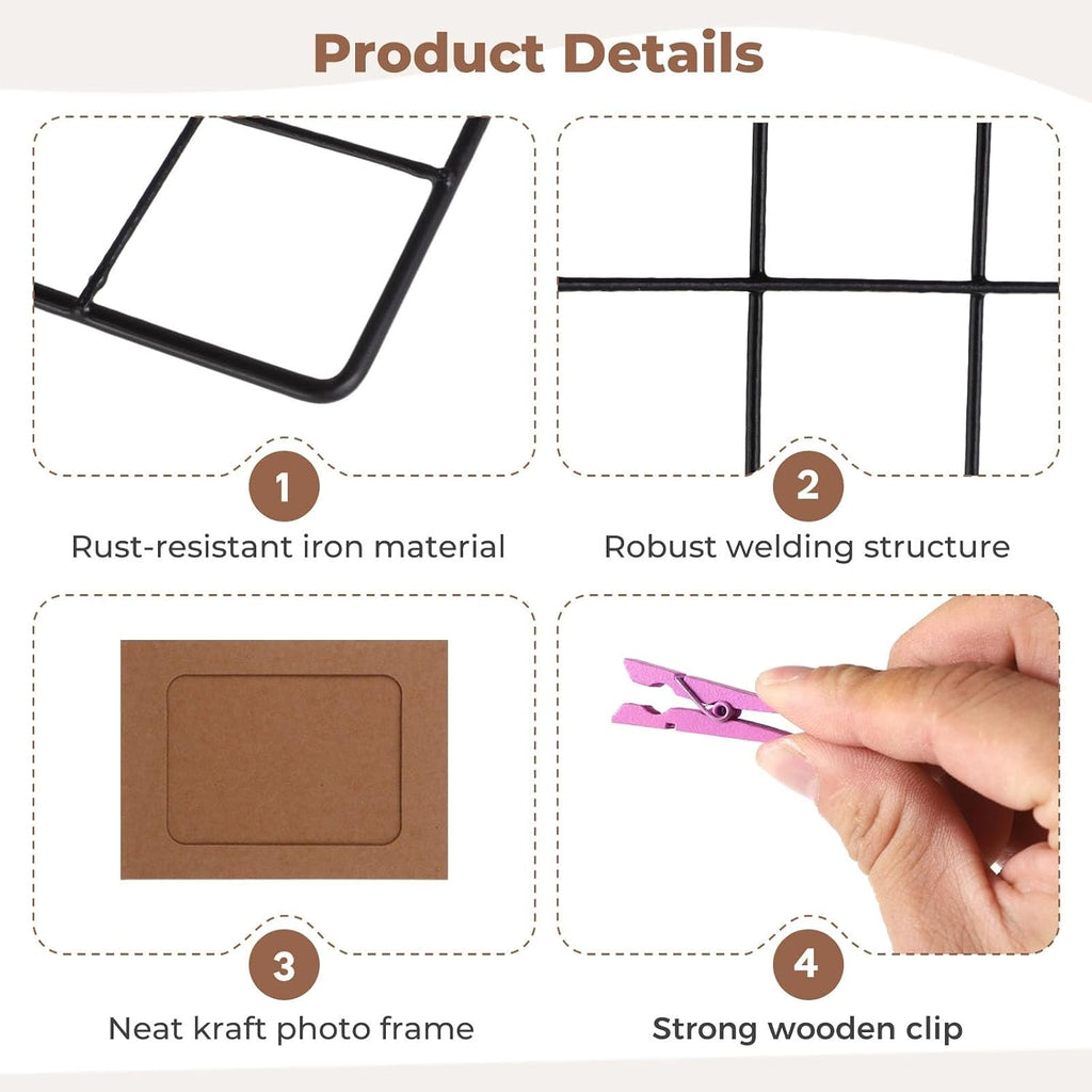 Wire Wall Grid Panel with Wall Grid Shelf with Photo Frames for Photo Display, Metal Mesh Message Board Memo Boards