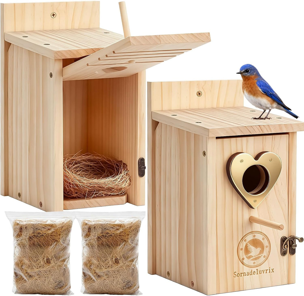 2PC Cedar Bluebird Houses for Outside with Nesting Material