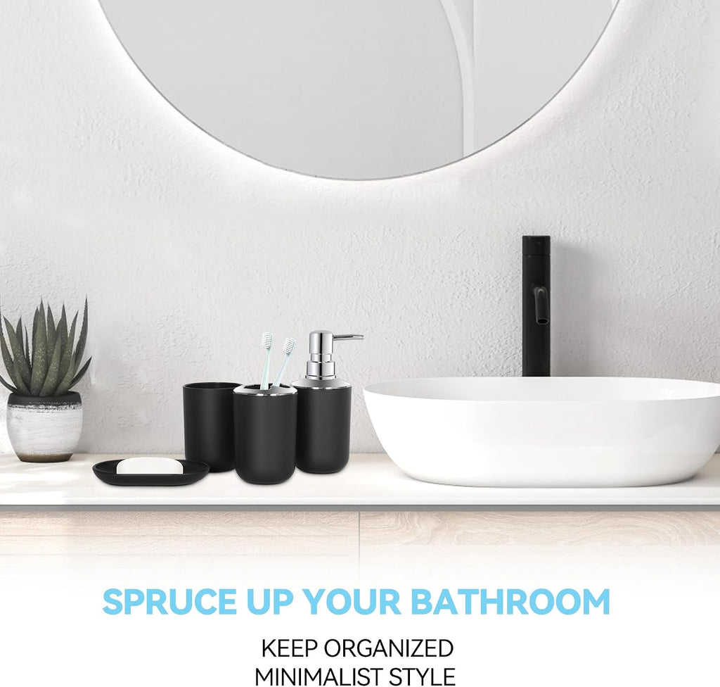 Black Bathroom Accessories Set 4 PCS, Black Bathroom Accessories | Plastic Soap Dispenser and Toothbrush Holder Set
