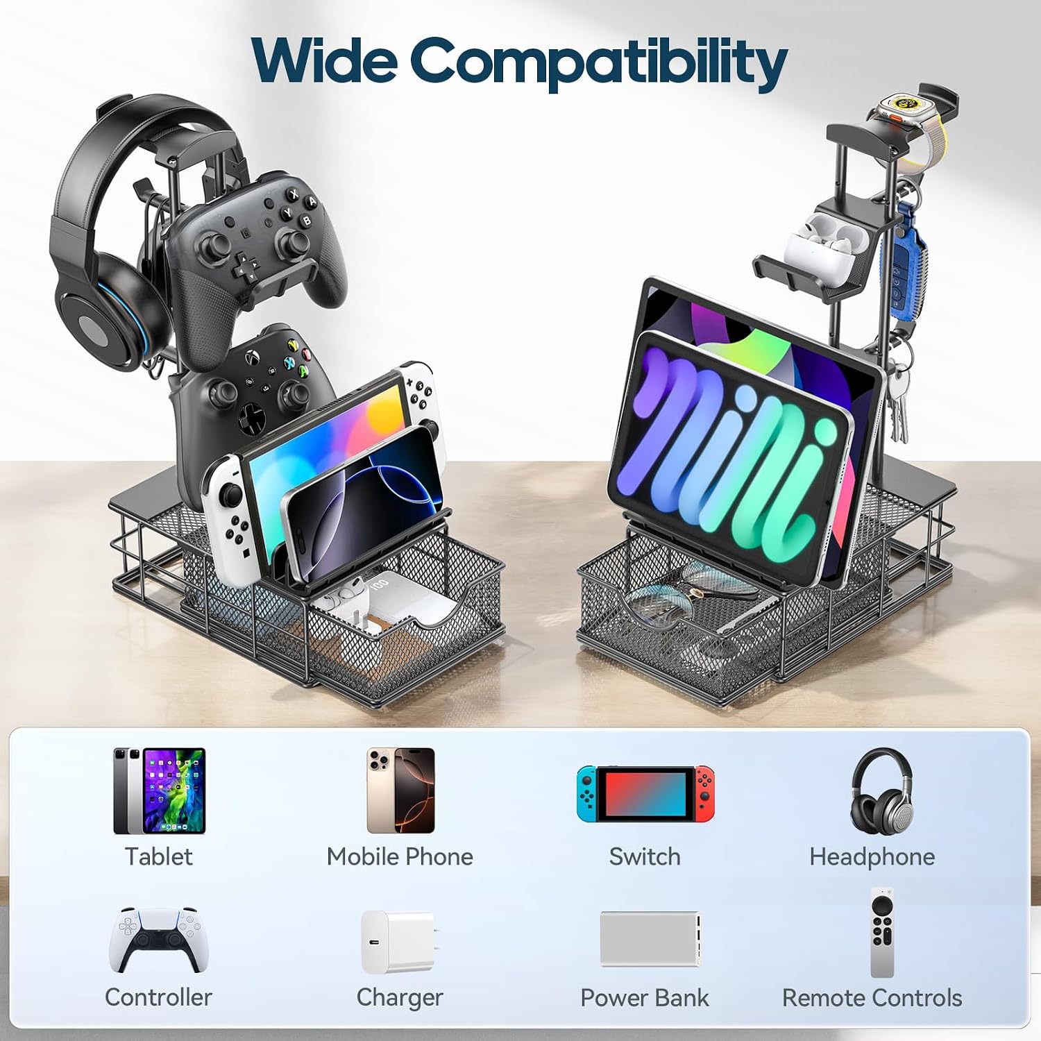 Headphone Stand with Drawer - Headset & Controller Holder for Desk - Aluminum Supporting Bar Earphone Stand with