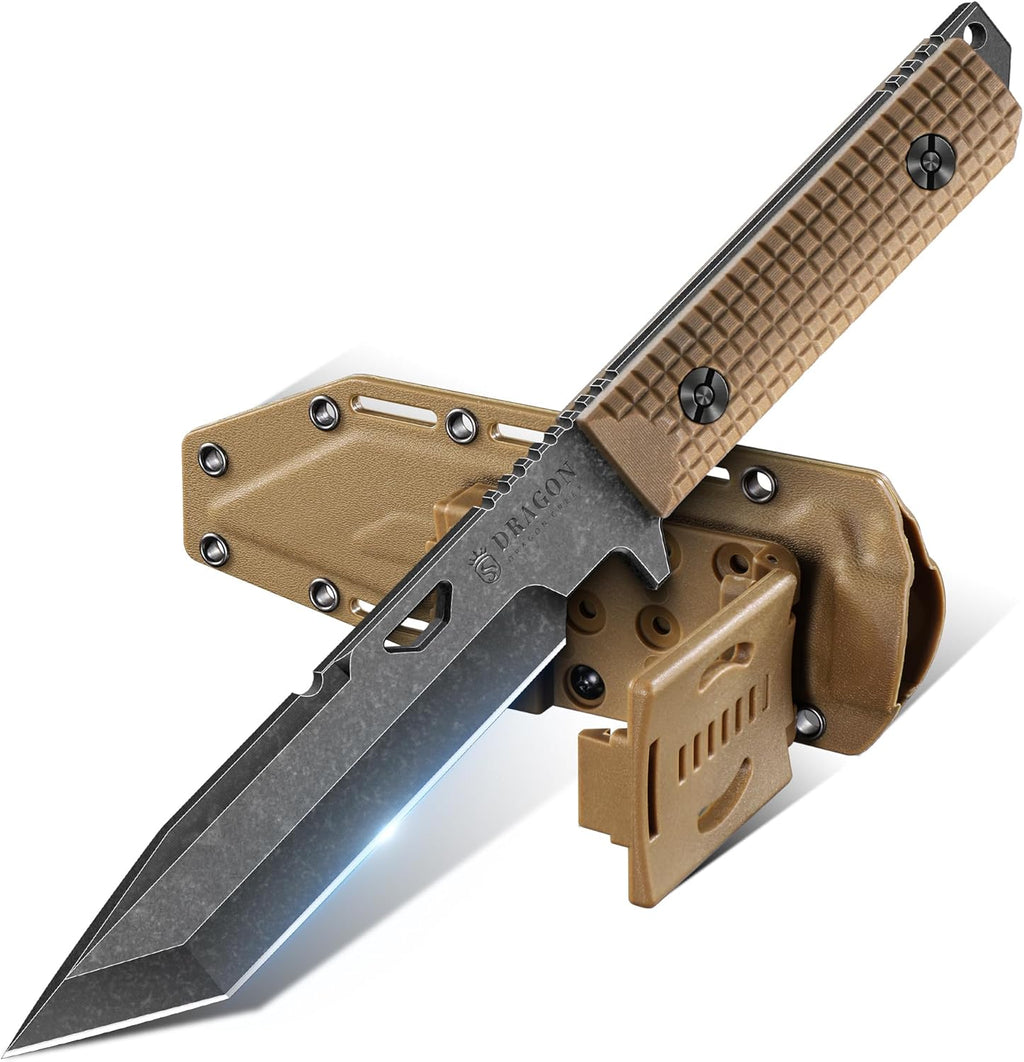 Tactical Knife Kydex - D2 Steel Outdoor Knife with Sheath | Brown G10 Full Tang Handle for Outdoor Survival Camping
