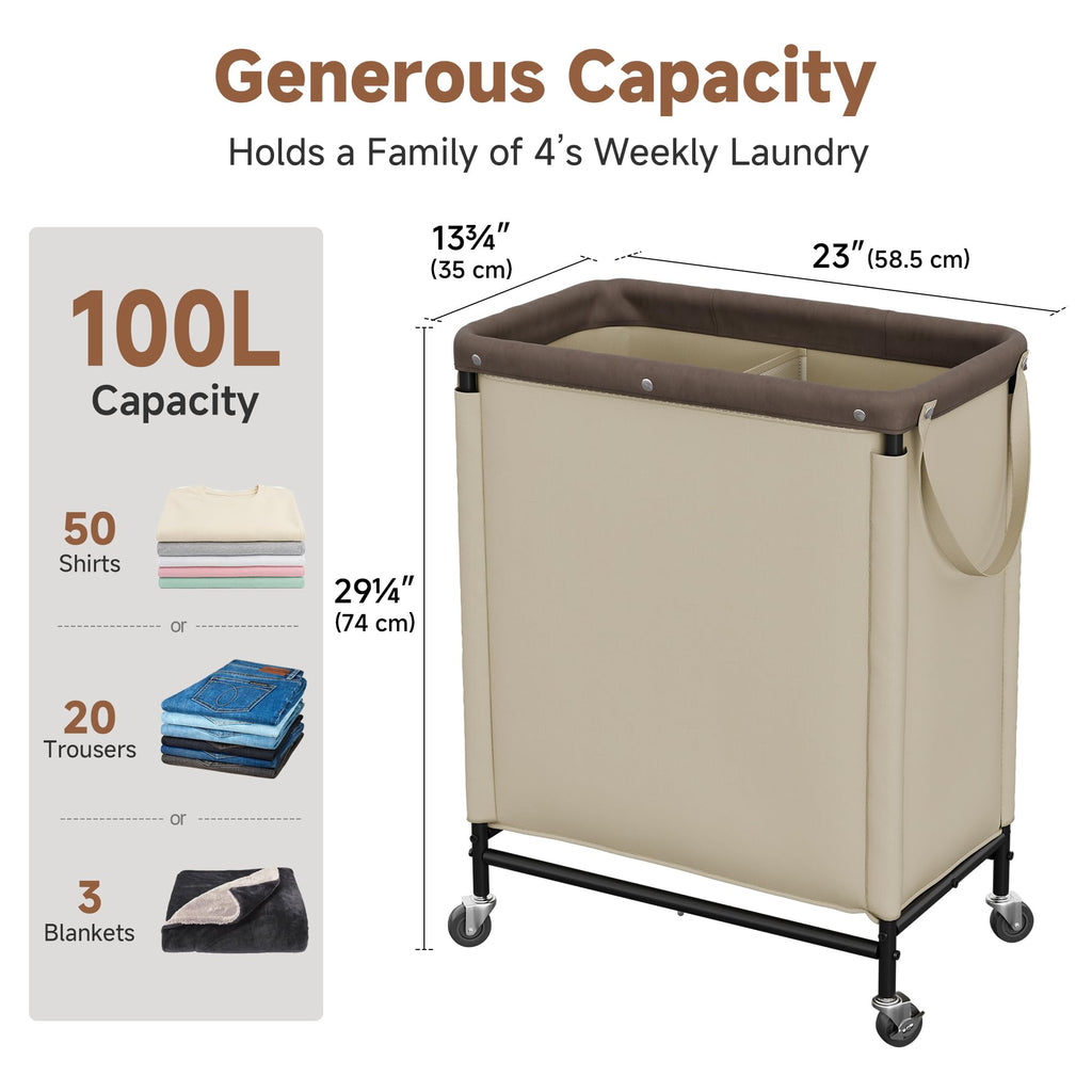 2 Section Laundry Hamper, 100L Tan Sorter Cart with Wheels