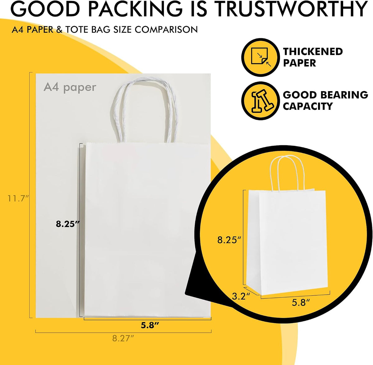 Small White Gift Paper Bags 50 Pack 5.8x3.2x8.25 in with Handles