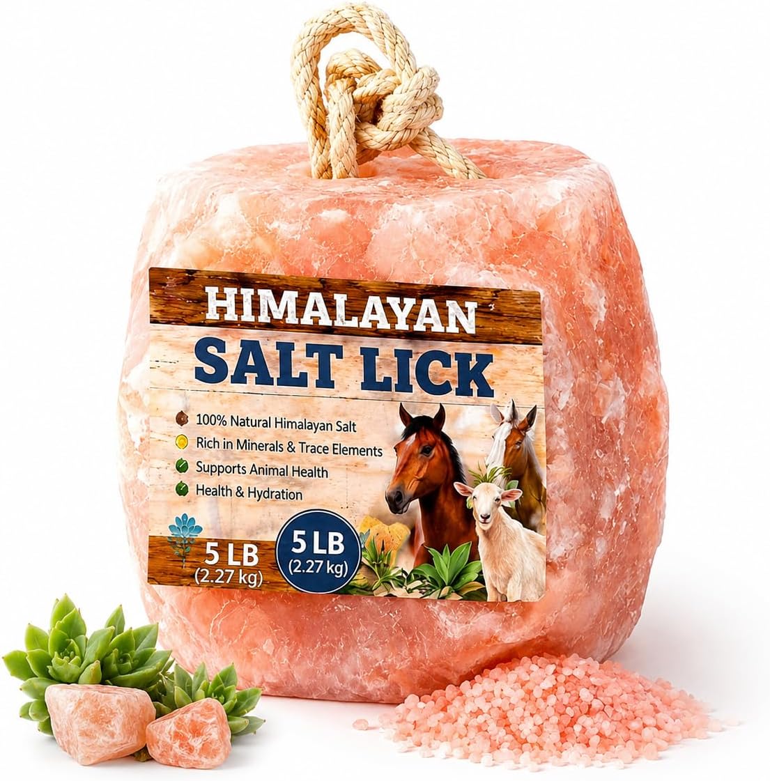 Himalayan Salt Block 1 Pack - 6 lbs Each. Himalayan Salt Lick on Rope for Horse, Deer, Goat, and Livestock Animals