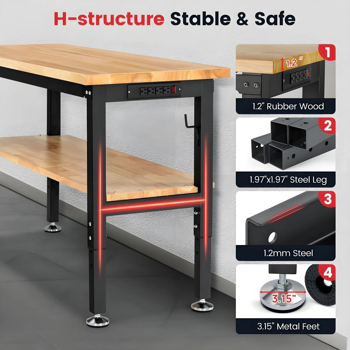 60" Adjustable Height Workbench with Storage Shelf