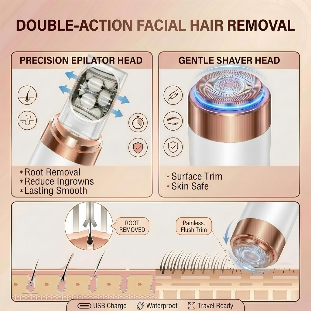 Epilator, Facial Hair Remover and Shaver for Women — Rechargeable Cordless Electric Facial Epilator with LED — for