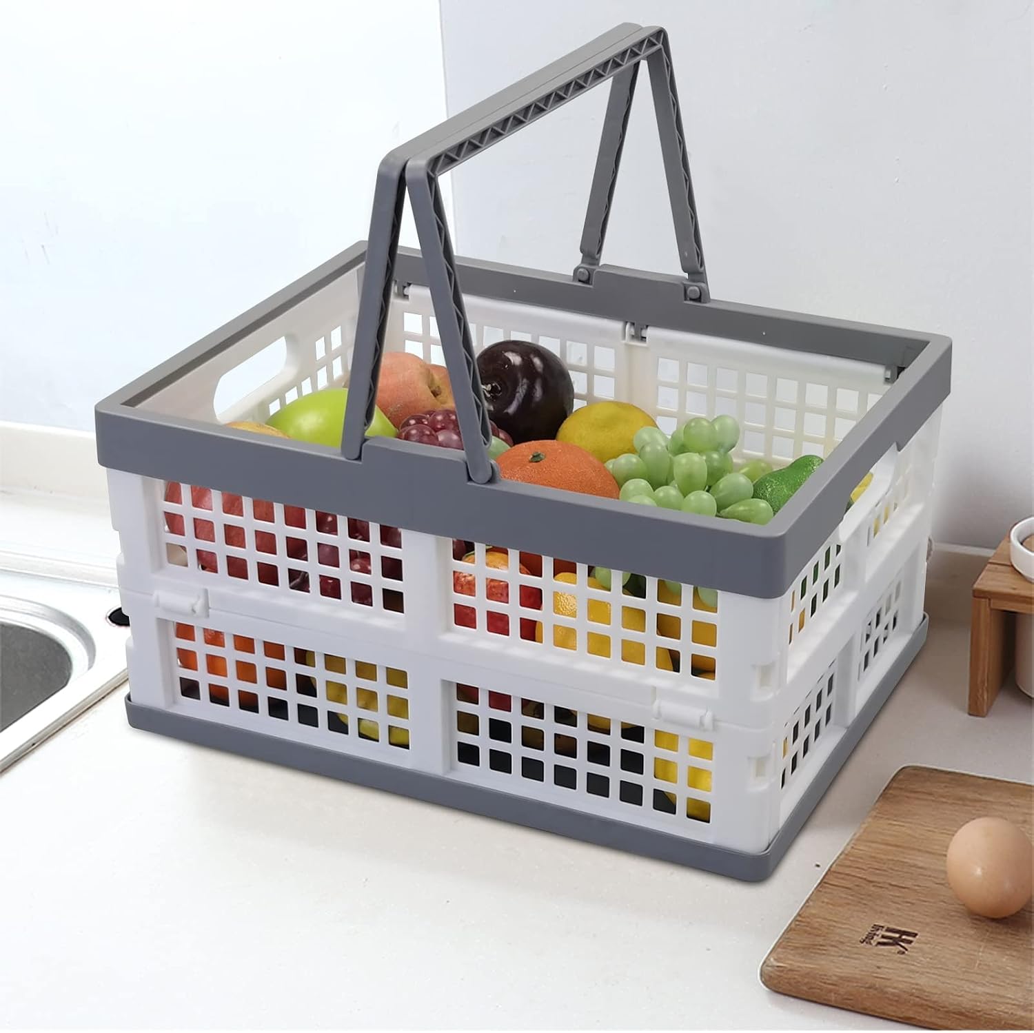 2-Pack Collapsible Crate with Handle, Grocery Shopping Baskets | Collapsible Stackable Grocery Crates with Handles