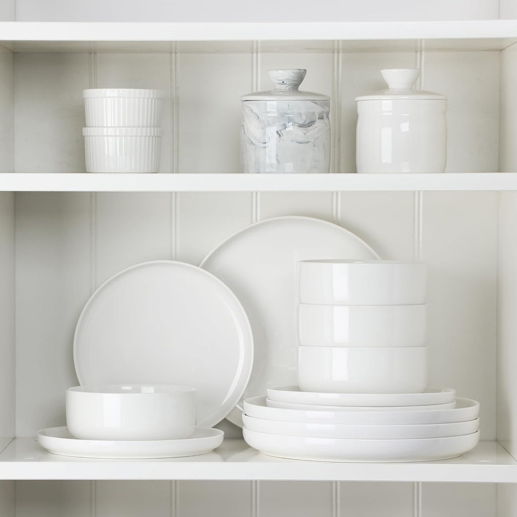 12 Pcs Porcelain Plates and Bowls Sets,Dinnerware Set for 4,White