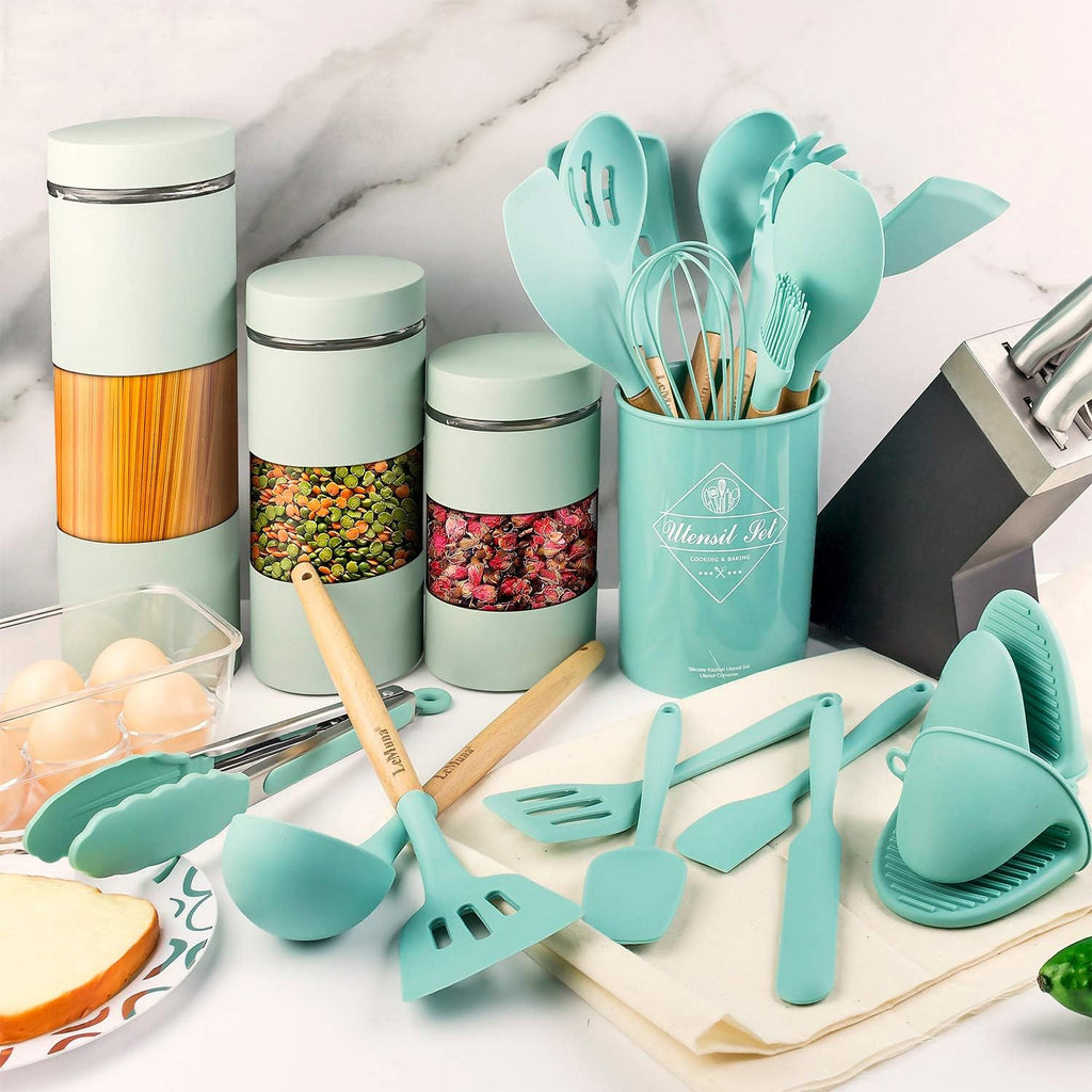 Cooking Utensils Set, 18pcs Kitchen Silicone Utensils, Heat Resistant Non Toxic & BPA-Free with Holder & Wooden