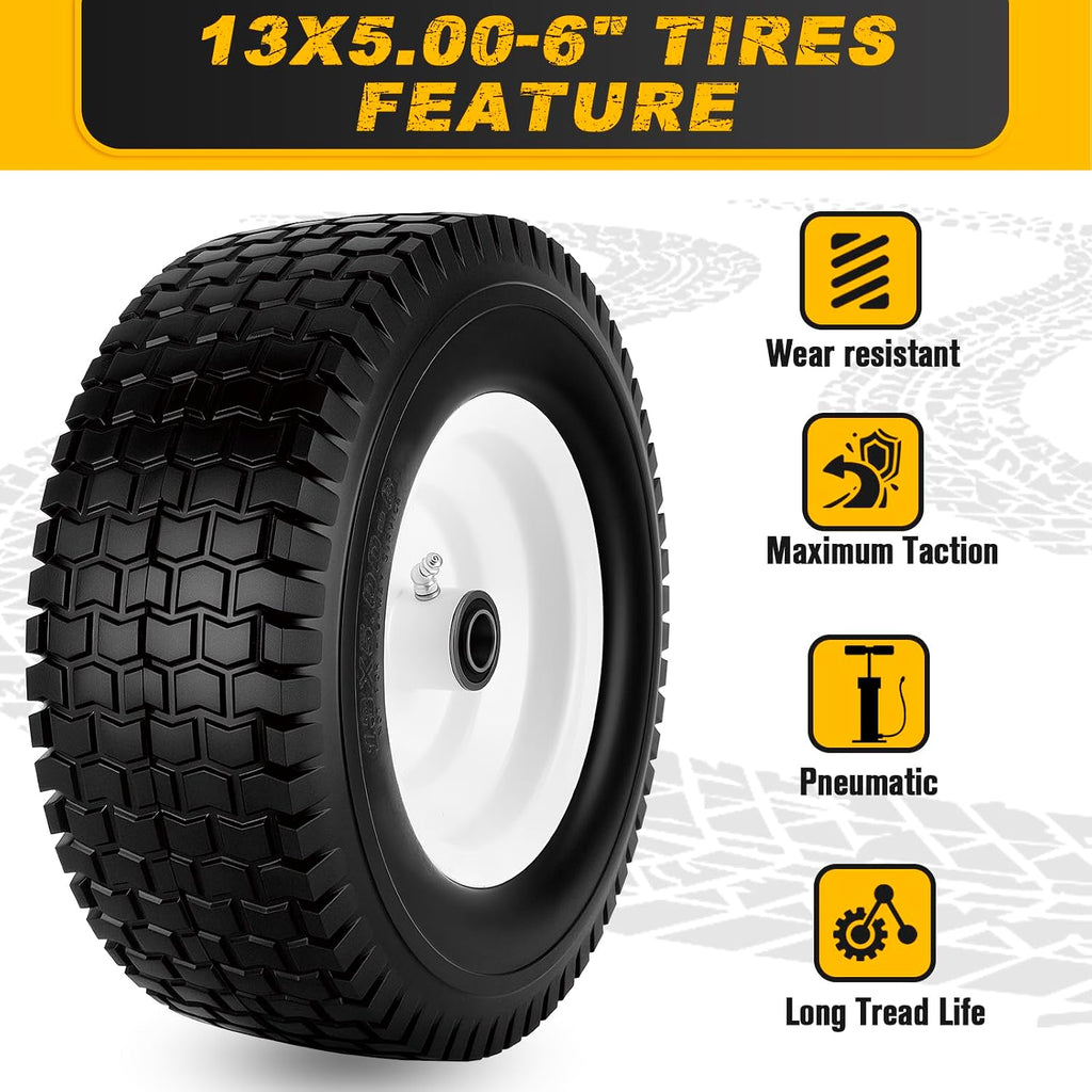 13x5.00-6 Flat Free Tire and Wheel with 3/4" & 5/8" Bearings – 2 Pack 13x5x6 Solid Lawn Mower Tires for Riding Lawn