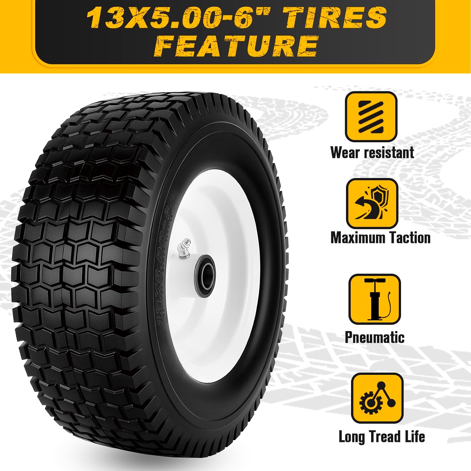 13x5.00-6 Flat Free Tire and Wheel with 3/4" & 5/8" Bearings – 2 Pack 13x5x6 Solid Lawn Mower Tires for Riding Lawn