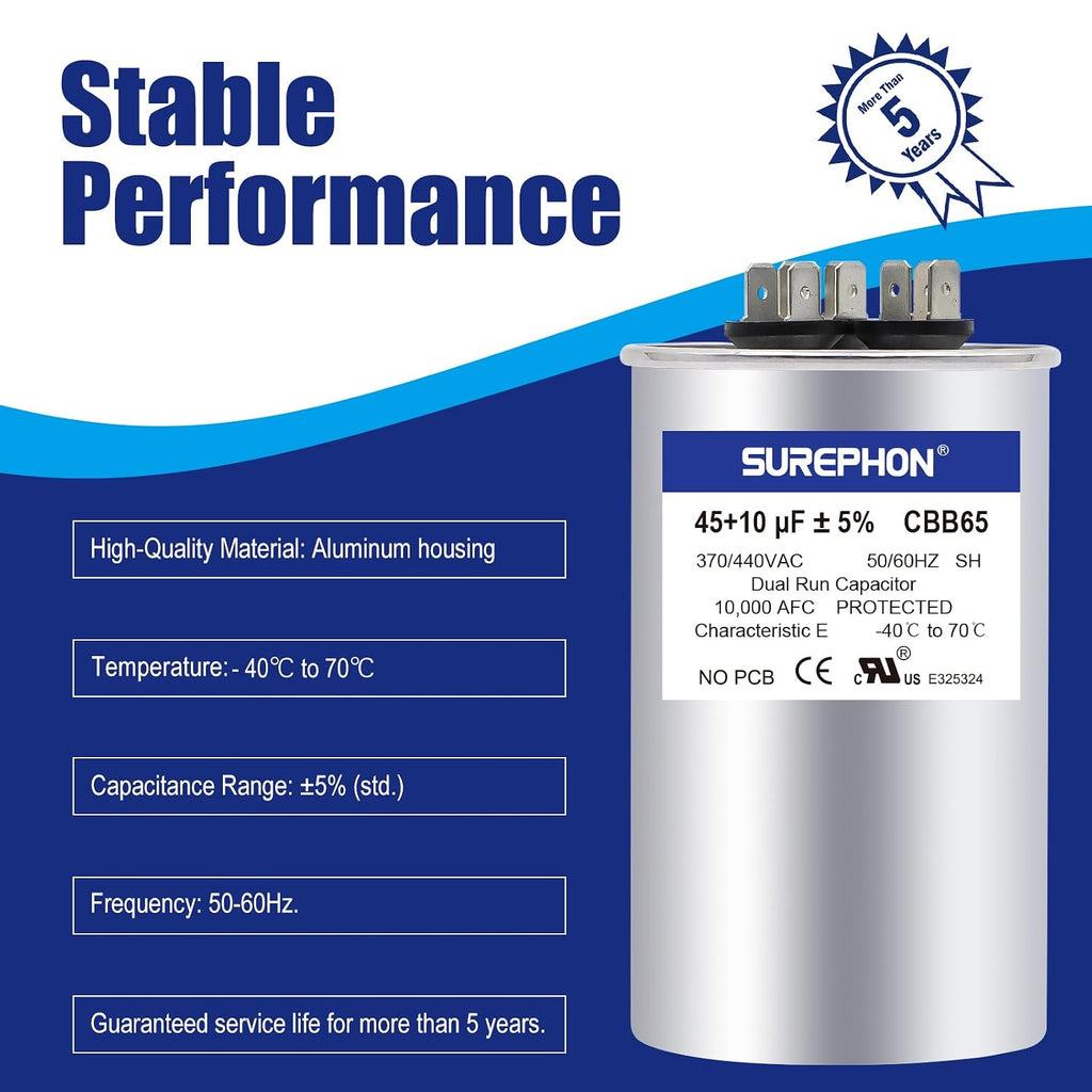 45+10 uF 45/10 MFD ±5% 370V/440VAC Dual Run Start Capacitor CBB65 Works for AC Unit Fan Motor Start or Heat Pump or Condenser Straight Cool