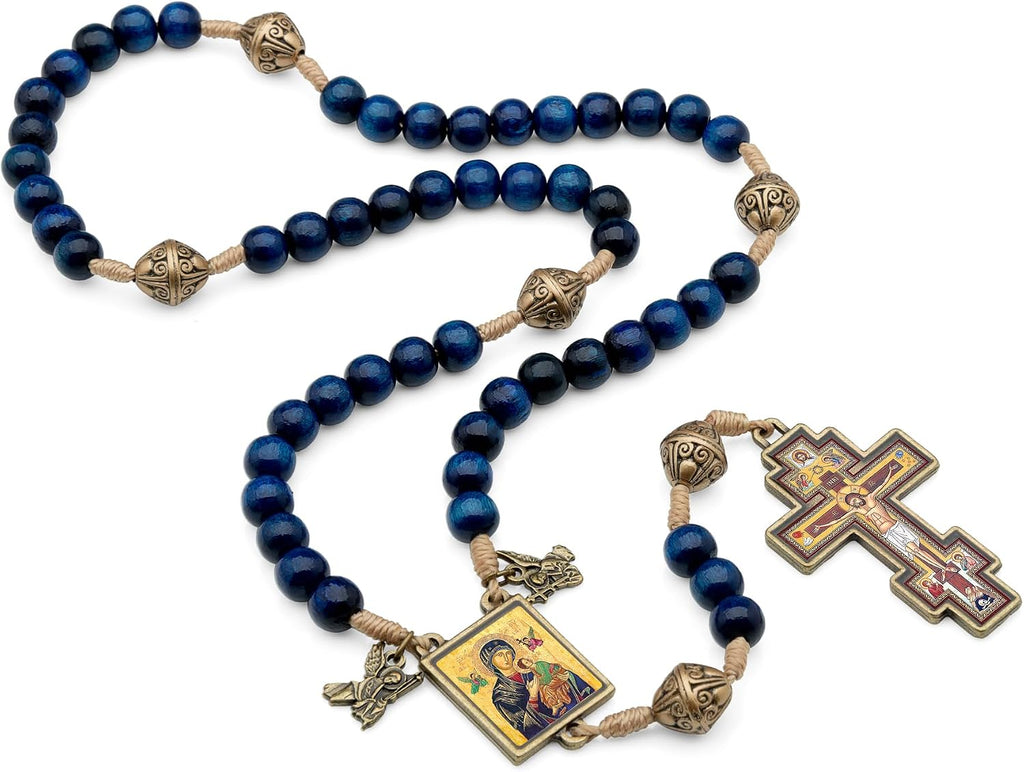 Orthodox Rosary – Blue Wooden Prayer Beads with Antique Gold Crucifix & Icon Medals